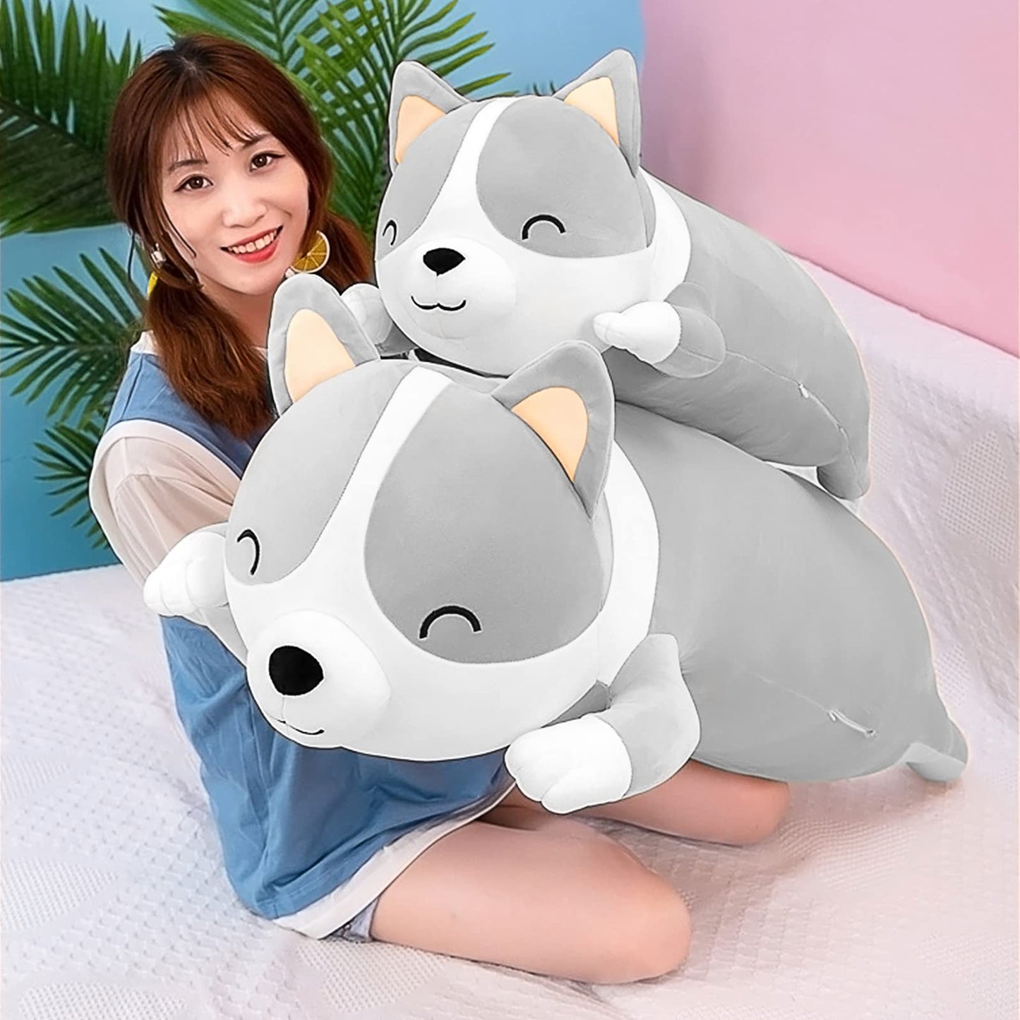 SNOWOLF Stuffed Animal  Plush Pillow  Corgi Dog  Grey